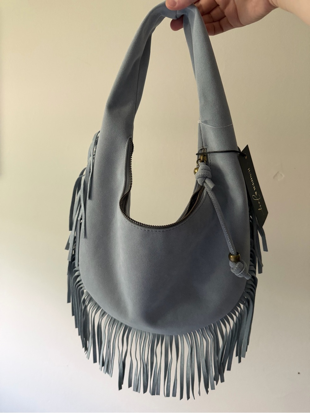 Fringed Suede Shoulder Bag in Light Blue - Casual Chic